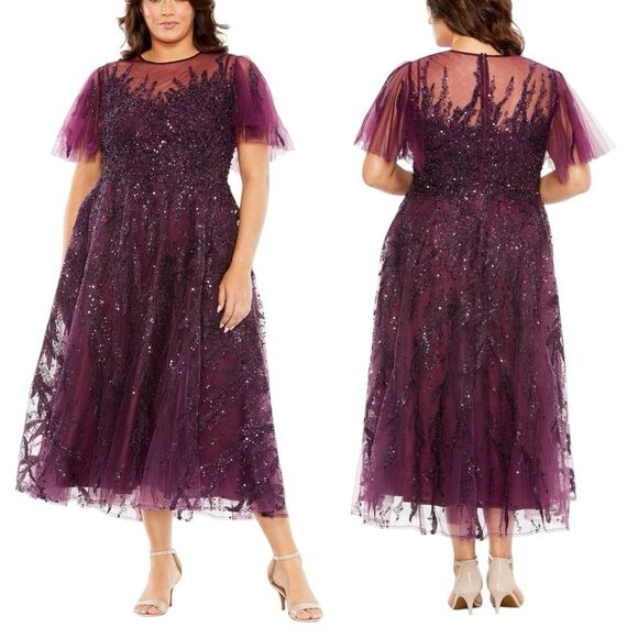 Mac Duggal 20477 Plum Size 24W High Neck Flutter Sleeve Embellished A Line Dress - Picture 1 of 6